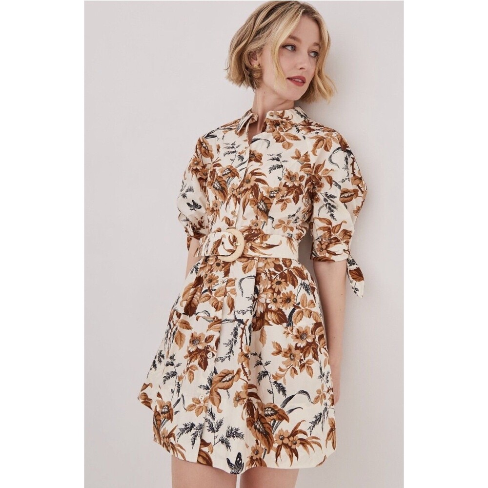 Cara Cara Womens Beige Brown Floral Collared Button Puff Sleeve ALine size 4